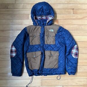 The North Face Quilted Puffer Jacket Navy Blue Brown Plaid Hooded Kids 150 L